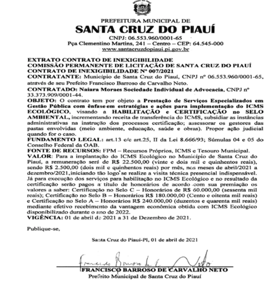 Prefeito Barroso Neto pode pagar R$ 240 mil a escritório