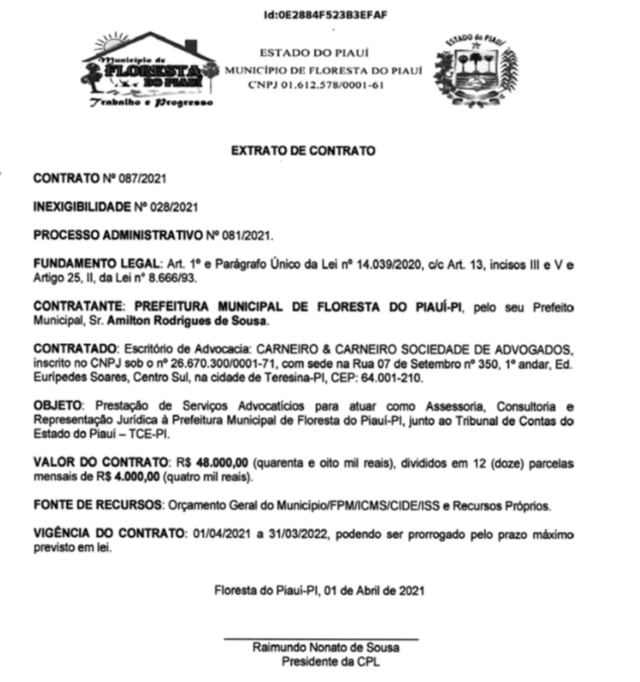 Prefeito de Floresta do Piauí contrata escritório sem licitação