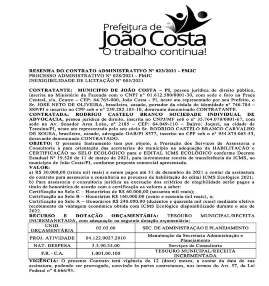 Prefeito de João Costa pode pagar R$ 240 mil a escritório de advocacia