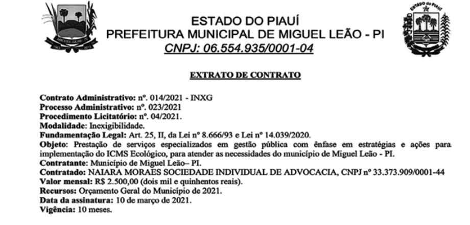 Prefeito de Miguel Leão contrata escritório de advocacia sem licitação