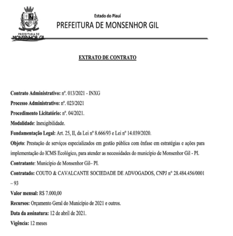 Prefeito de Monsenhor Gil contra escritório por R$ 84 mil sem licitação