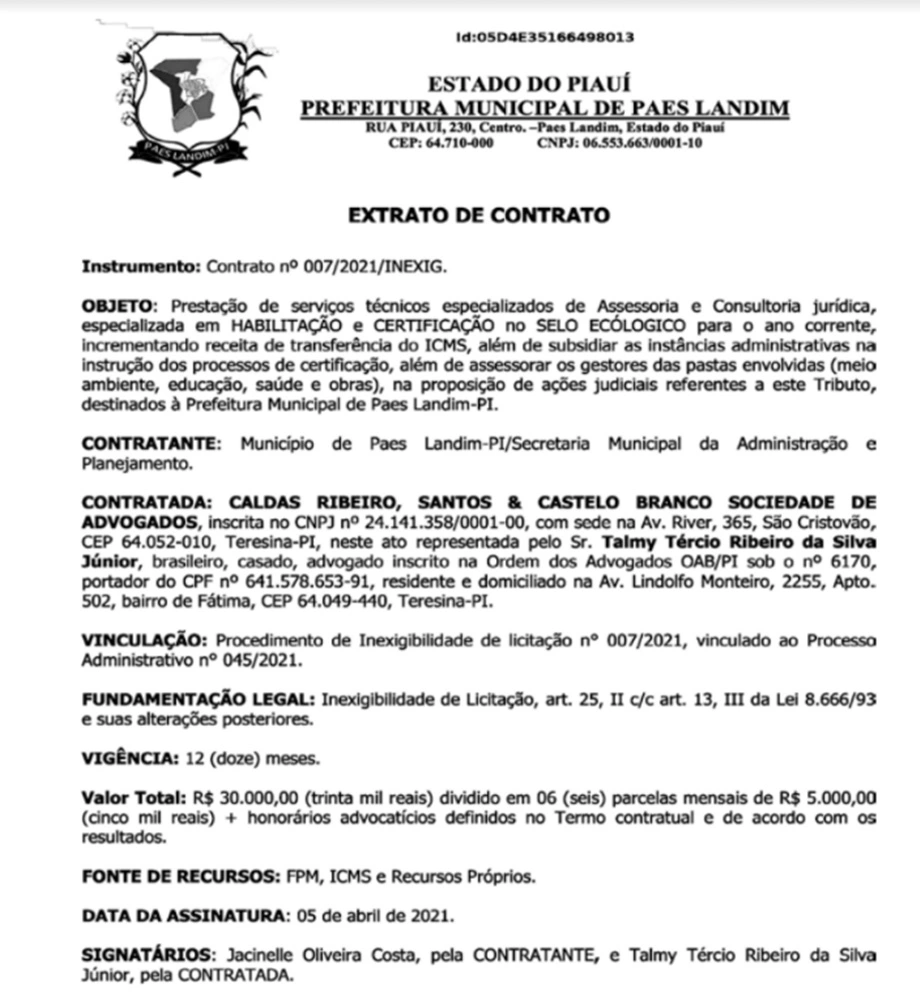Prefeito de Paes Landim contrata escritório de advocacia sem licitação