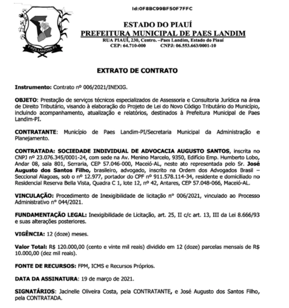 Prefeito de Paes Landim contrata escritório de Alagoas sem licitação