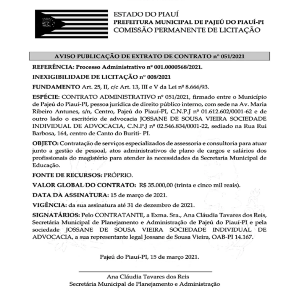 Prefeito de Pajeú do Piauí contrata escritório de advocacia sem licitação