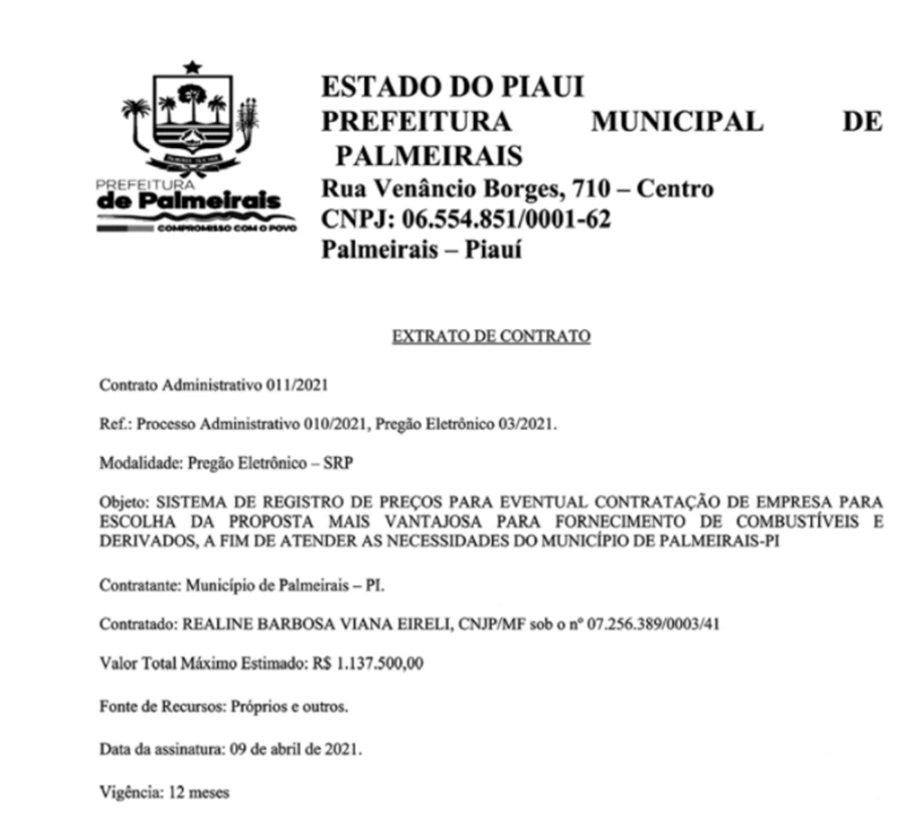 Prefeito de Palmeirais vai gastar R$ 1,1 milhão com combustíveis