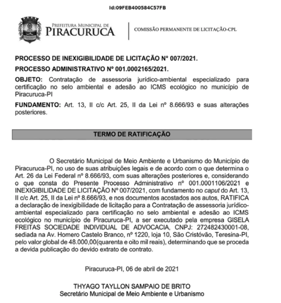 Prefeito de Piracuruca contrata escritório de advocacia sem licitação
