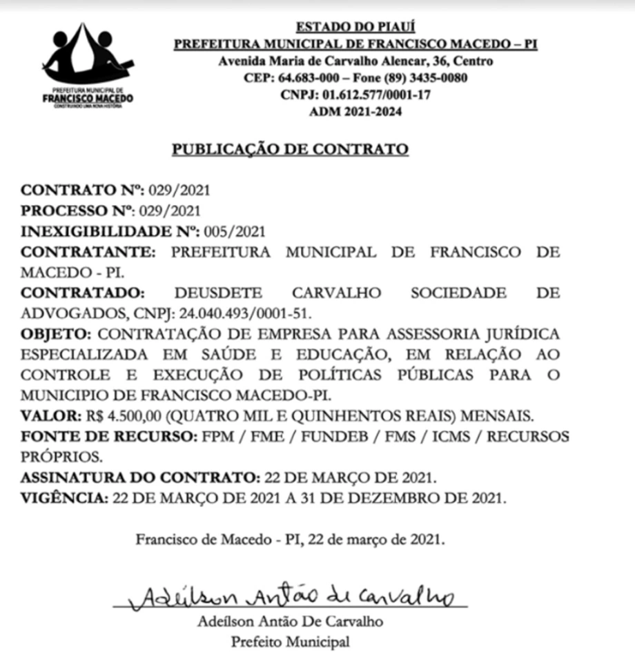 Prefeito Novinho contrata escritório de advocacia sem licitação