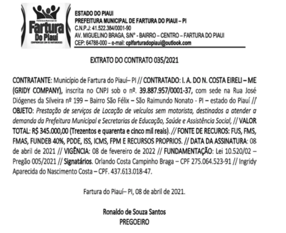 Prefeito Orlando Costa vai gastar R$ 345 mil com aluguel de veículos