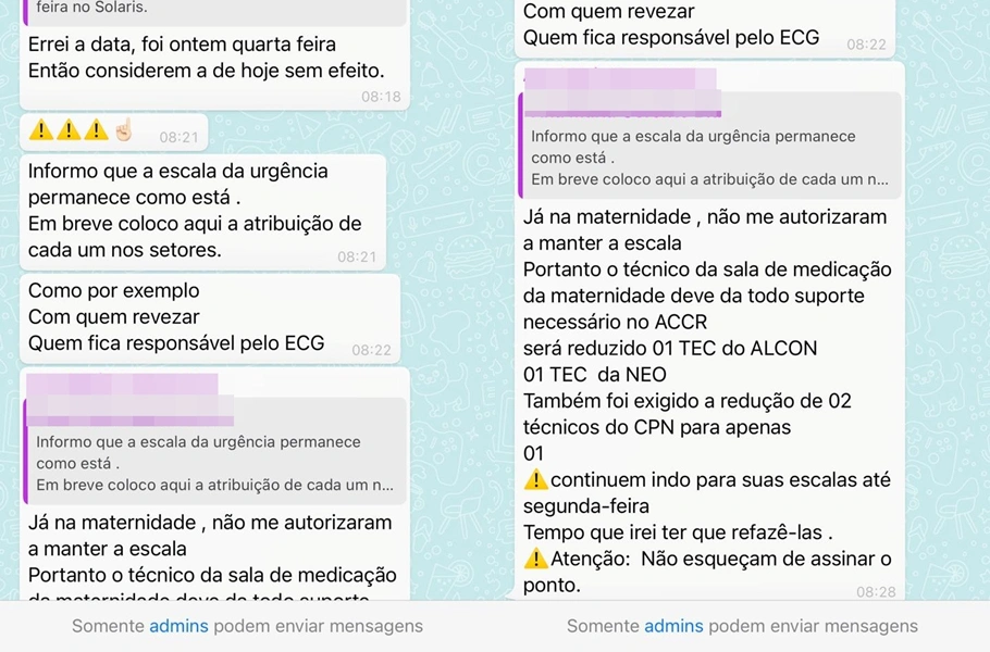 Prints de mensagens enviadas ao grupo informando a redução dos funcionários