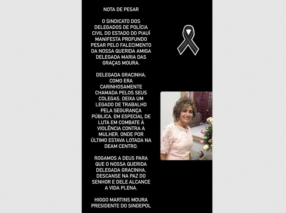 Sindepol lamenta morte da delegada Maria das Graças
