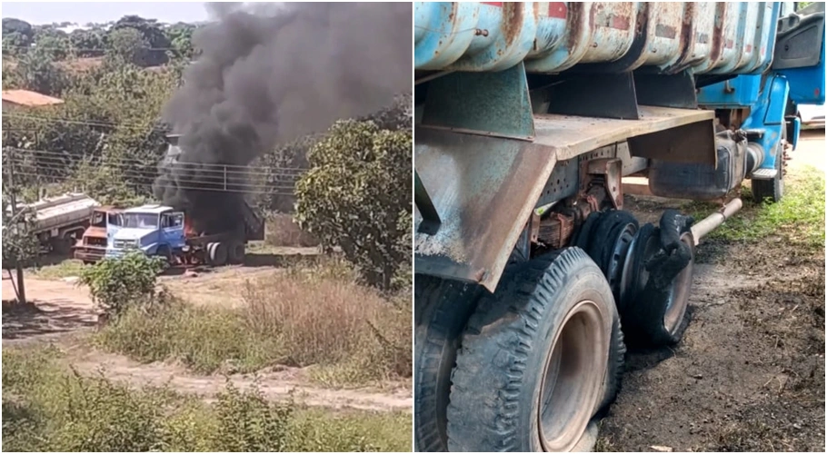 Veículo pegou fogo após tocar no fio de alta tensão