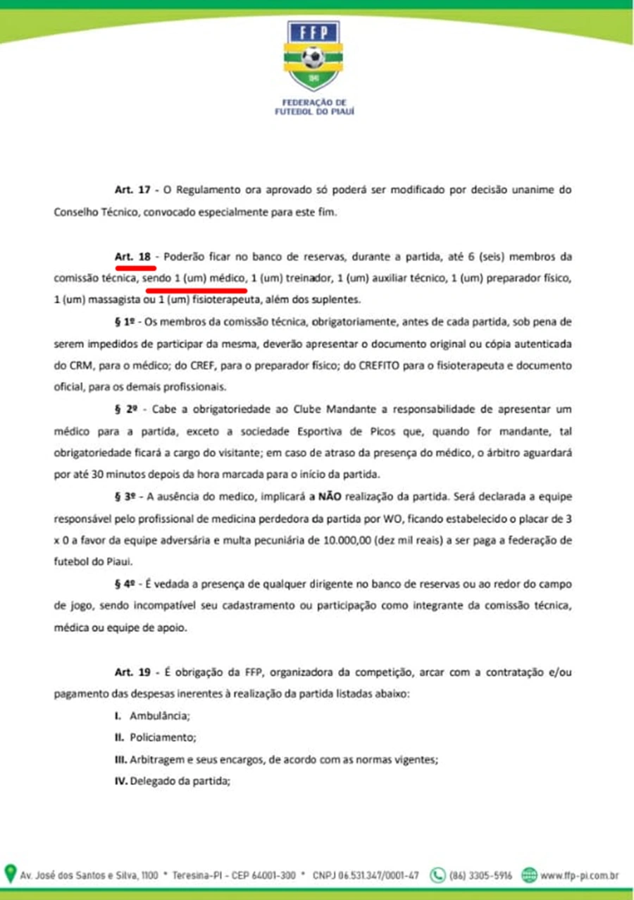 Art. 18 do regulamento da FFP que dita os membros que devem estar presentes durante os jogos