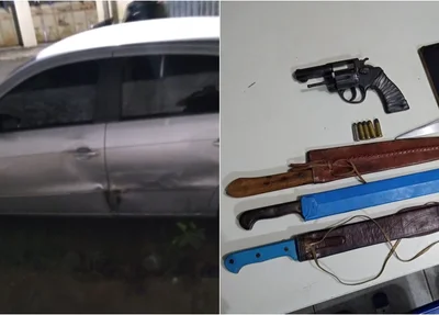 Carro que o acusado utilizou para bater na viatura e armas apreendidas com ele