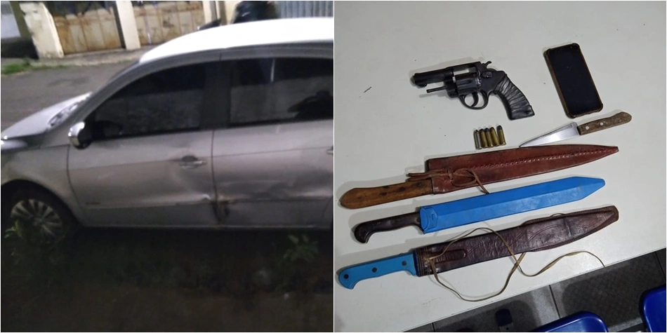Carro que o acusado utilizou para bater na viatura e armas apreendidas com ele