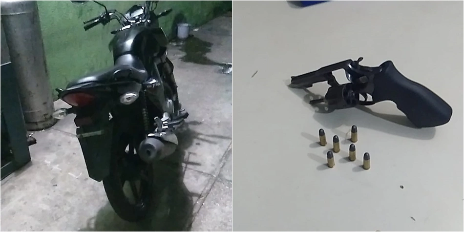 Polícia Militar apreendeu a moto roubada e a arma utilizada no crime