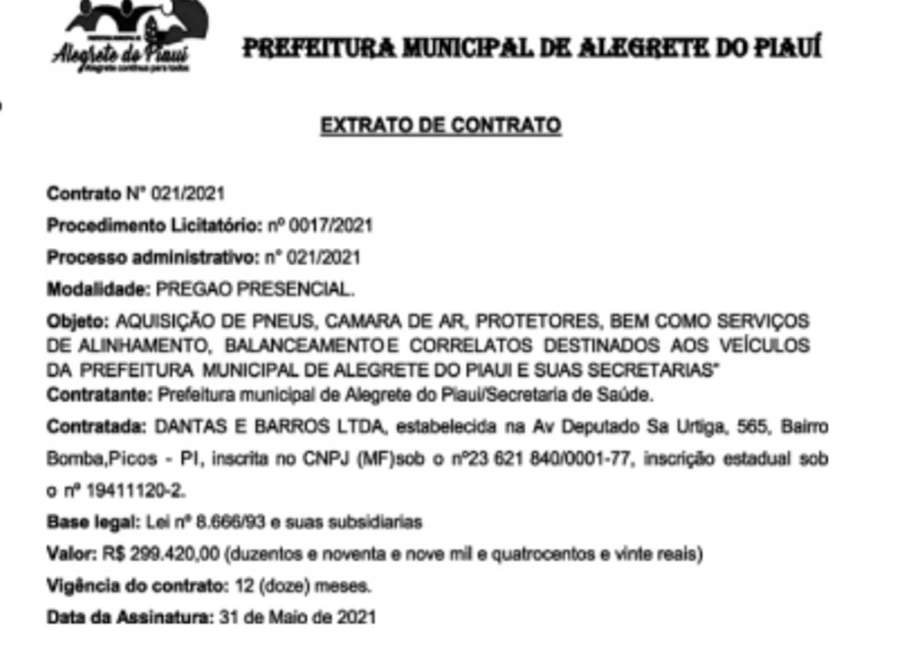 Prefeita de Alegrete do Piauí vai gastar quase R$ 300 mil com pneus