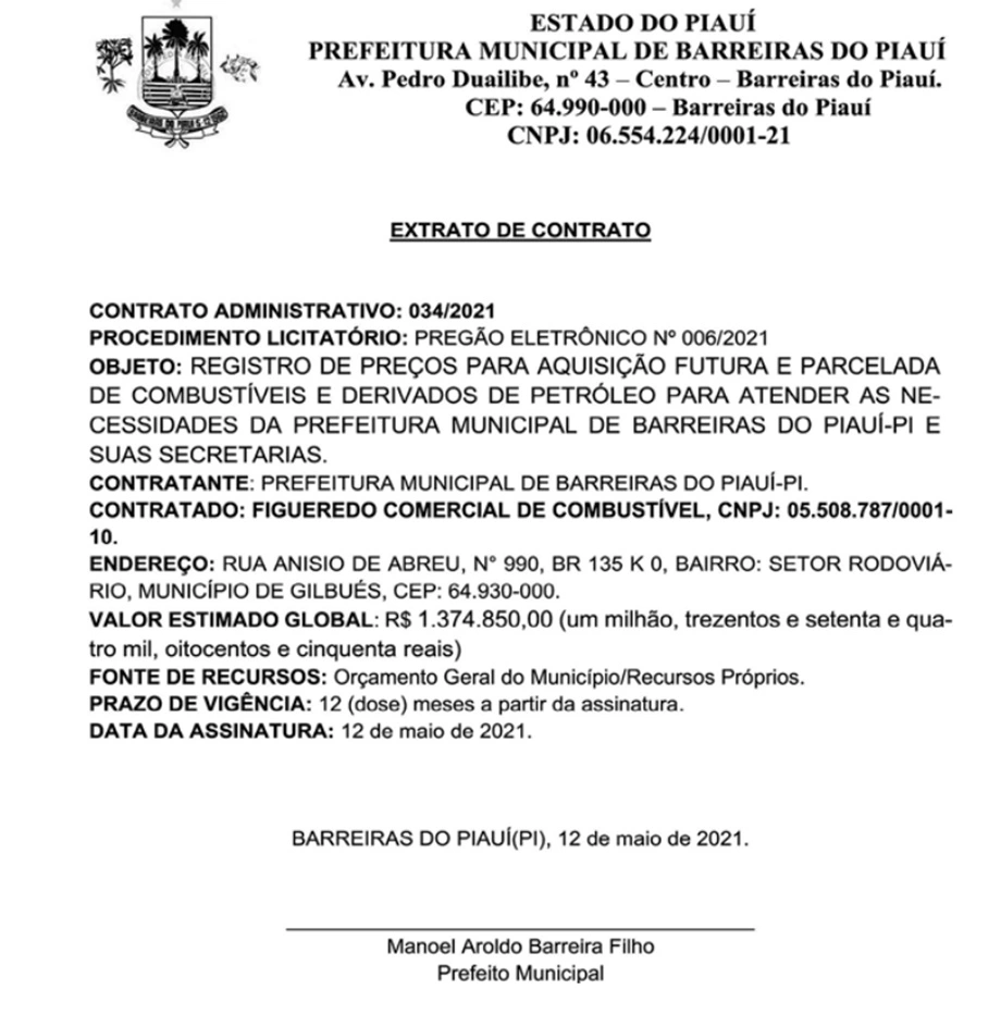 Prefeito de Barreiras do Piauí vai gastar R$ 1,3 milhão com combustíveis