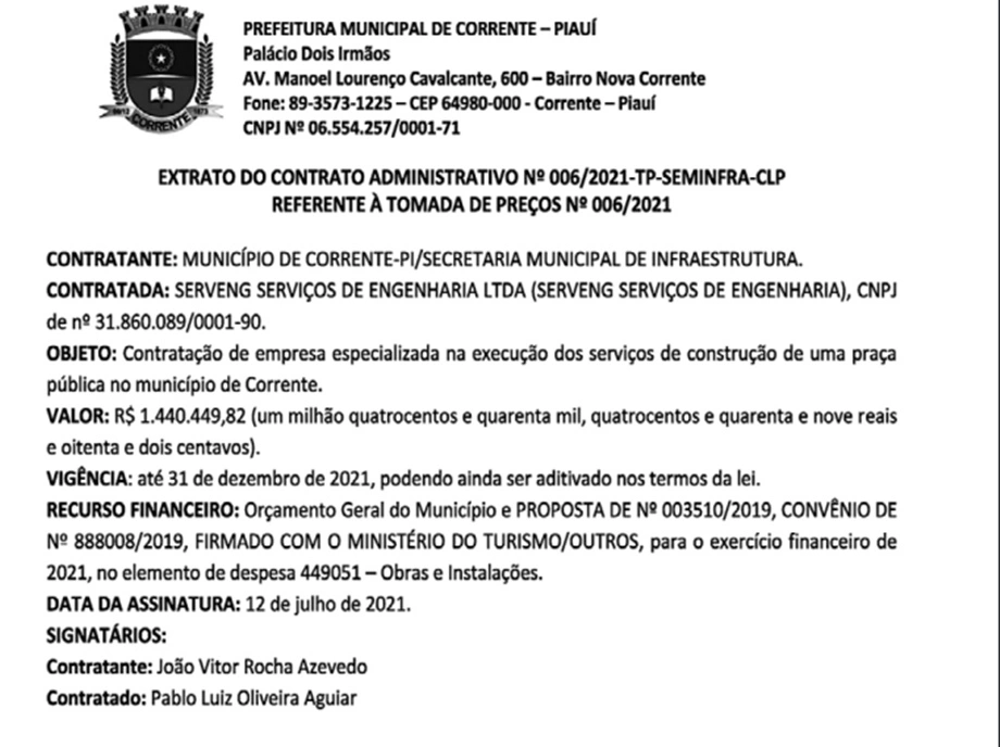 Prefeito de Corrente vai gastar R$ 1,4 milhão com construção de praça