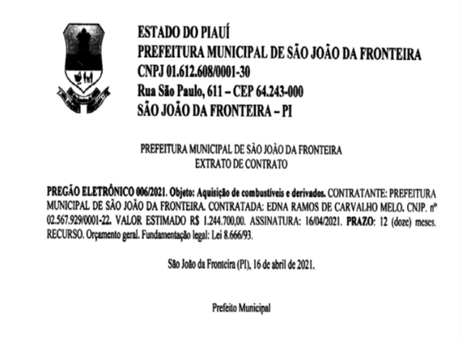 Prefeito de São João da Fronteira vai gastar R$ 1,2 milhão com combustíveis