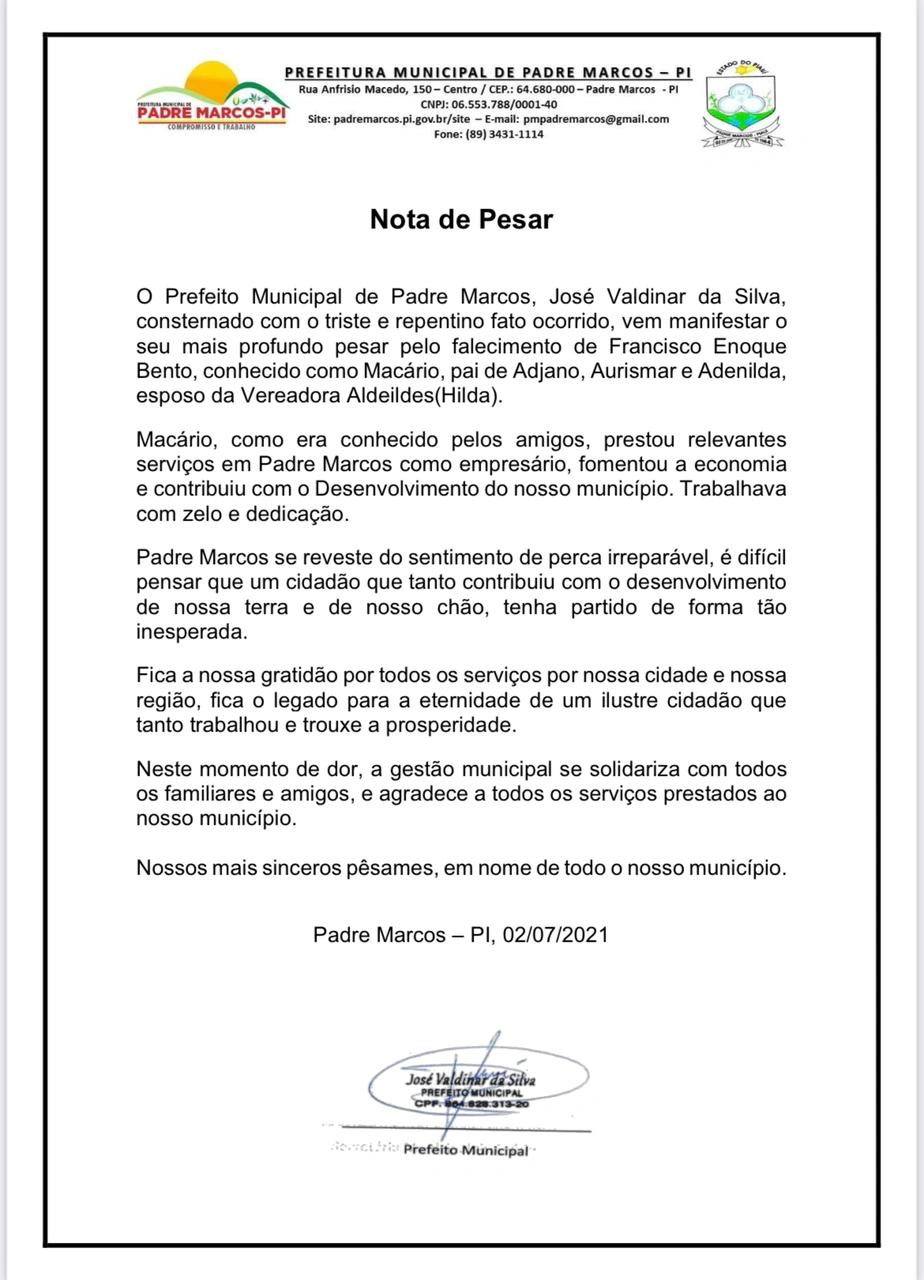 Prefeitura de Padre Marcos lamenta morte do empresário Francisco Enoque Bento