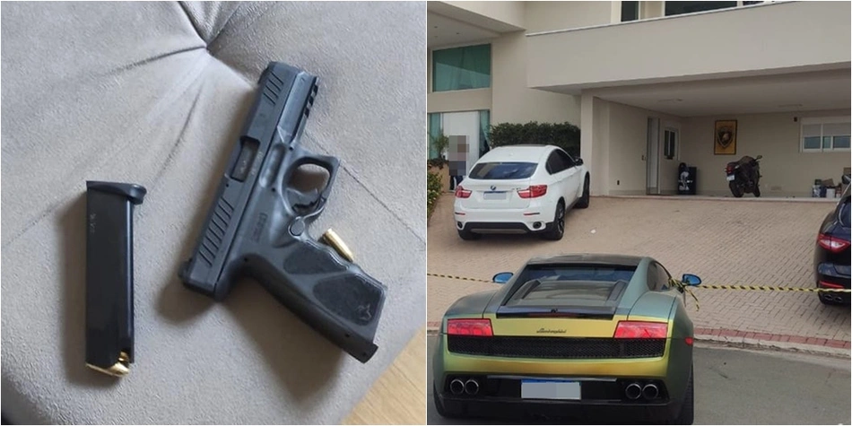Arma utilizada no crime e residência do empresário em Valinhos