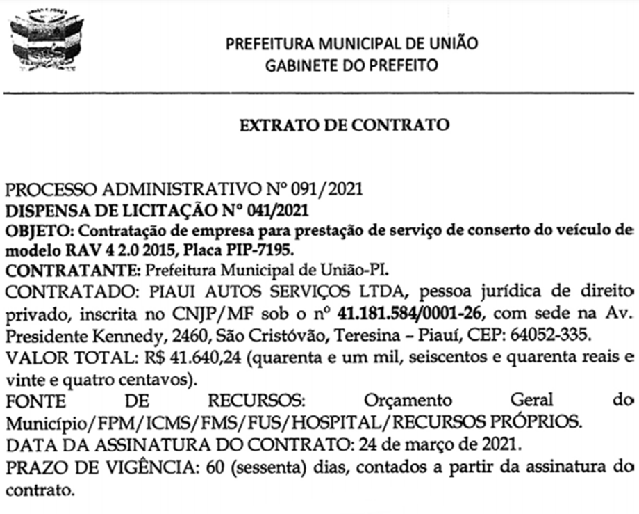 Contrato entre a Prefeitura de União e Piauí Auto Serviços LTDA