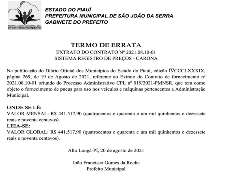 Errata do contrato de São João da Serra