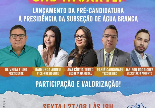 OAB que Chega Junto participará de lançamento da pré-candidatura à presidência da subseção de Água Branca
