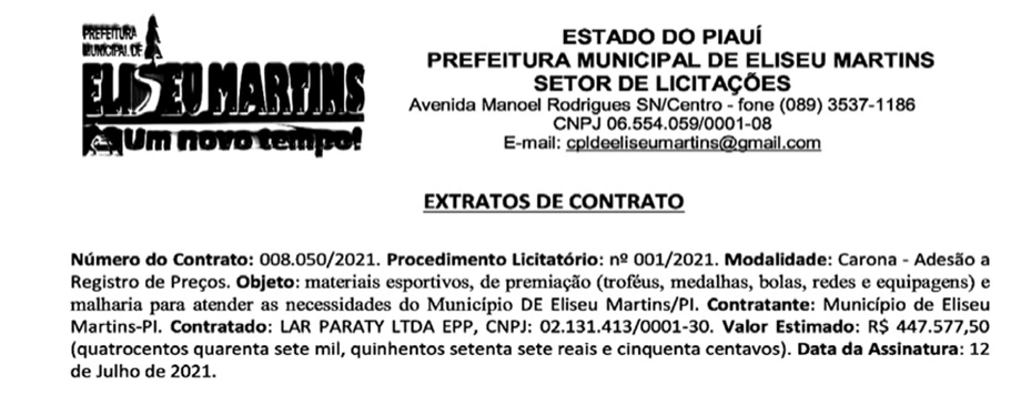 Prefeito Aldimar Dias vai gastar R$ 447 mil com materiais esportivos