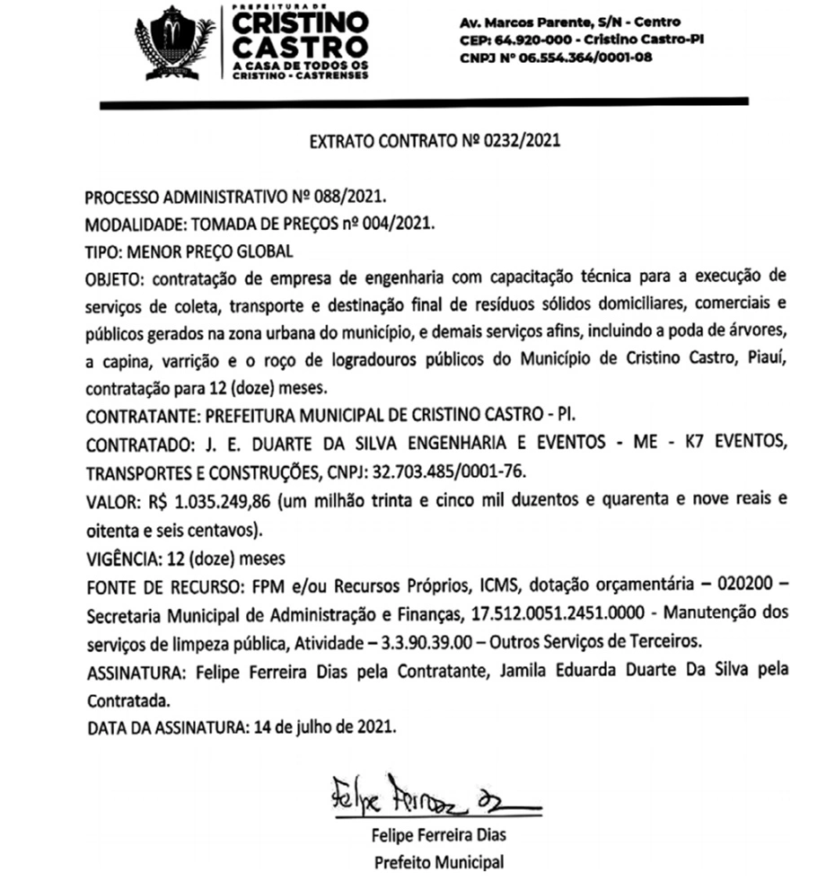 Prefeito de Cristino Castro contrata empresa do Maranhão por R$ 1 milhão