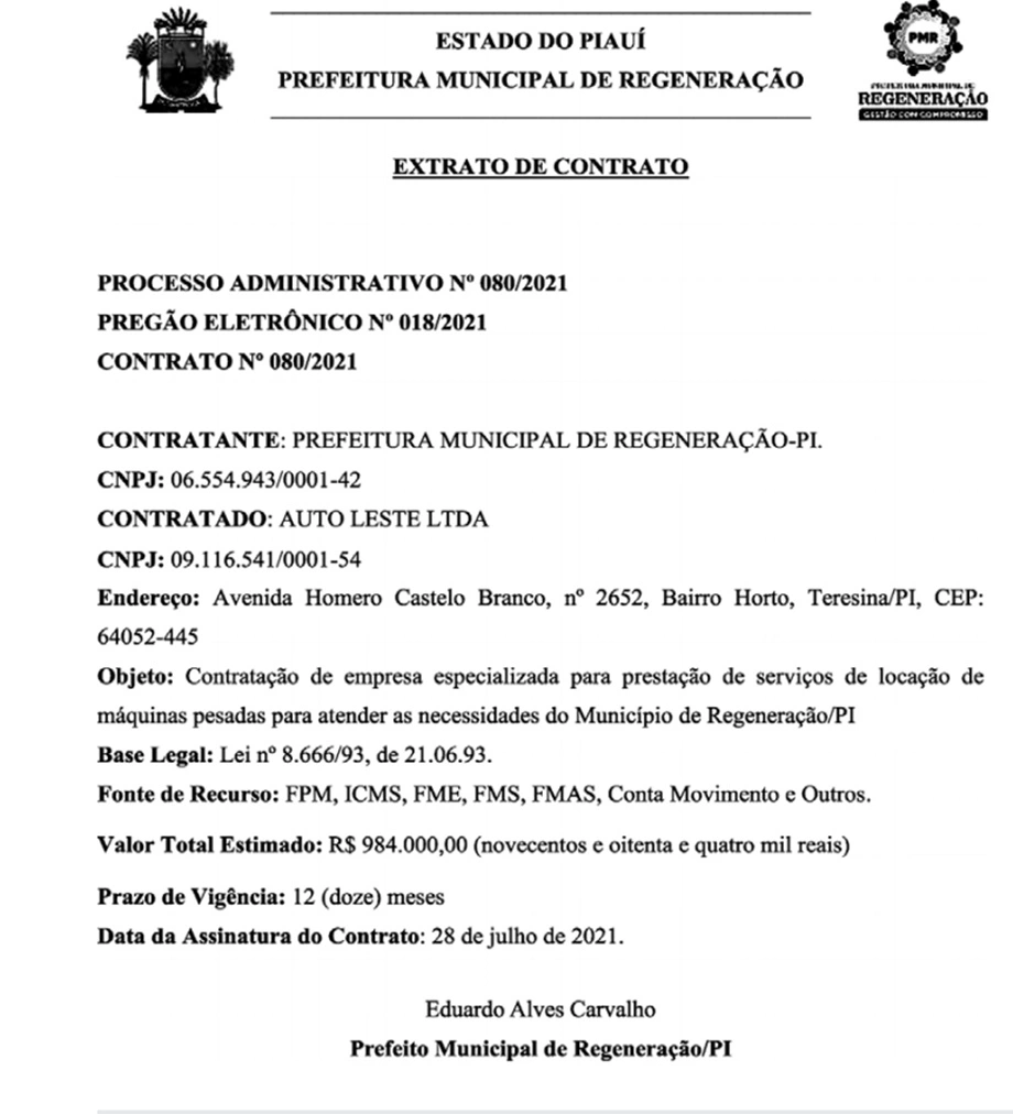 Prefeito de Regeneração aluga máquinas por R$ 984 mil