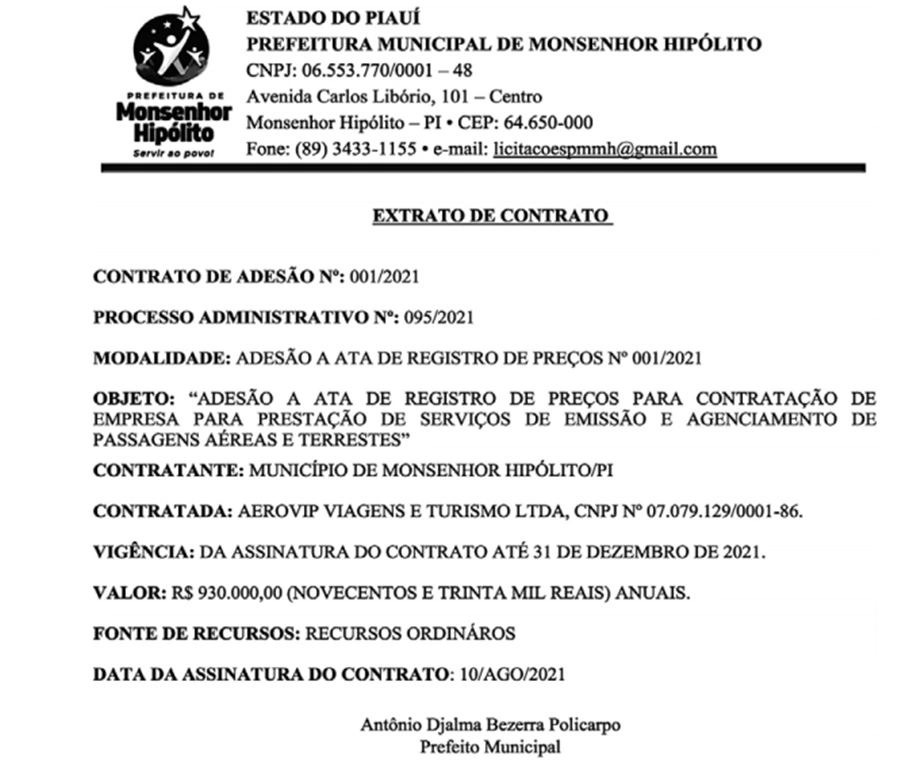 Prefeito Djalma Policarpo contrata agência de turismo por R$ 930 mil