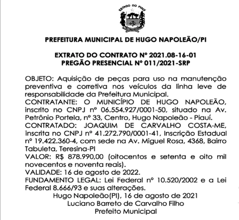 Prefeito Luciano Barreto vai gastar R$ 878 mil com peças para veículos