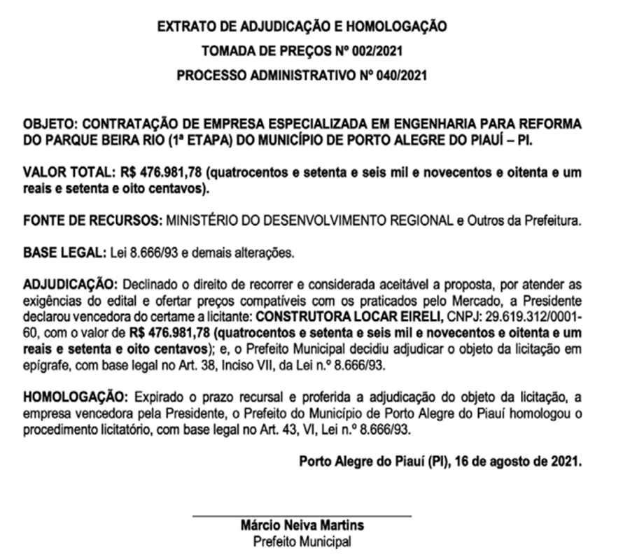 Prefeito Márcio Neiva vai gastar R$ 476 mil com reforma de parque