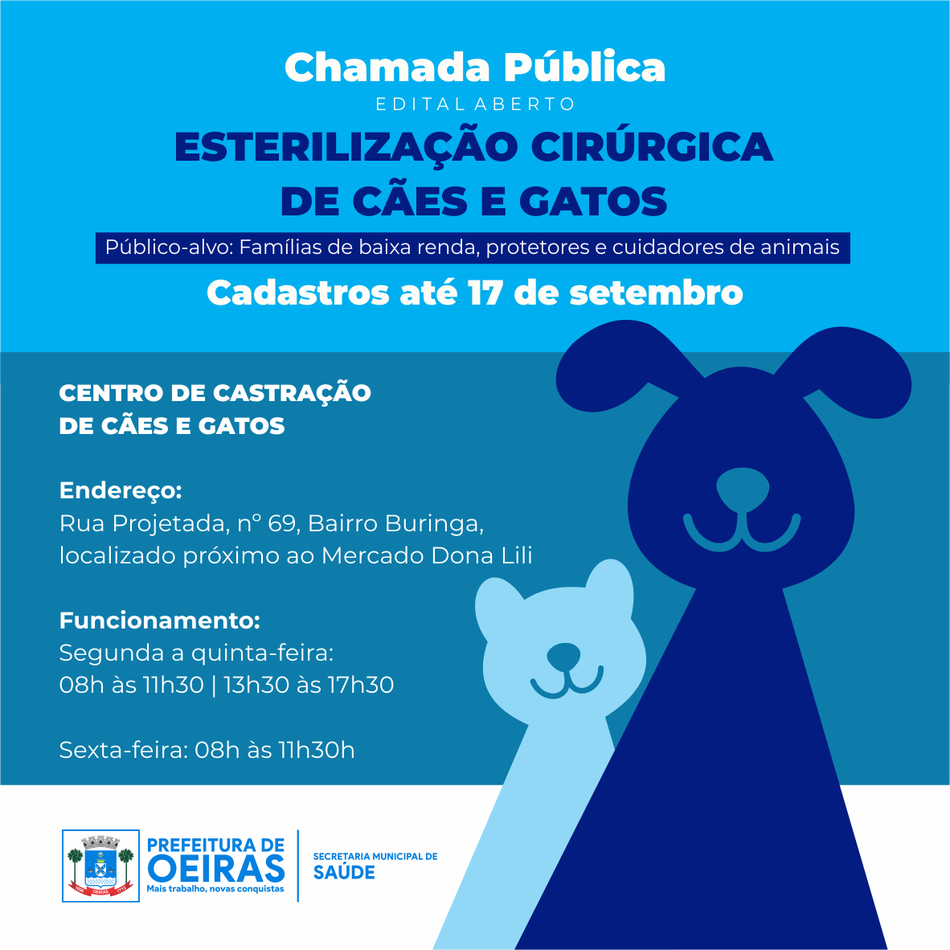 Prefeitura de Oeiras abre edital para esterilização de cães e gatos