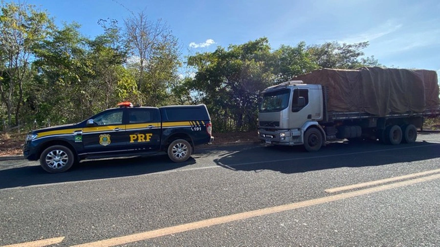 Carga de madeira apreendida pela PRF em Matias Olimpio