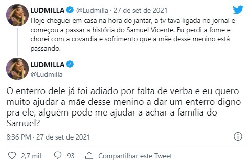 Comentários da cantora sobre a morte de Samuel Vicente