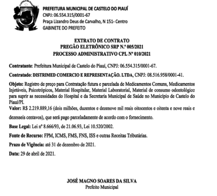 Contrato do prefeito Magno Soares com a Distrimed