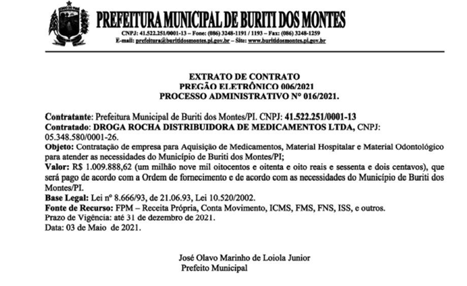Contrato do prefeito Olavo Júnior com a empresa Droga Rocha Distribuidora