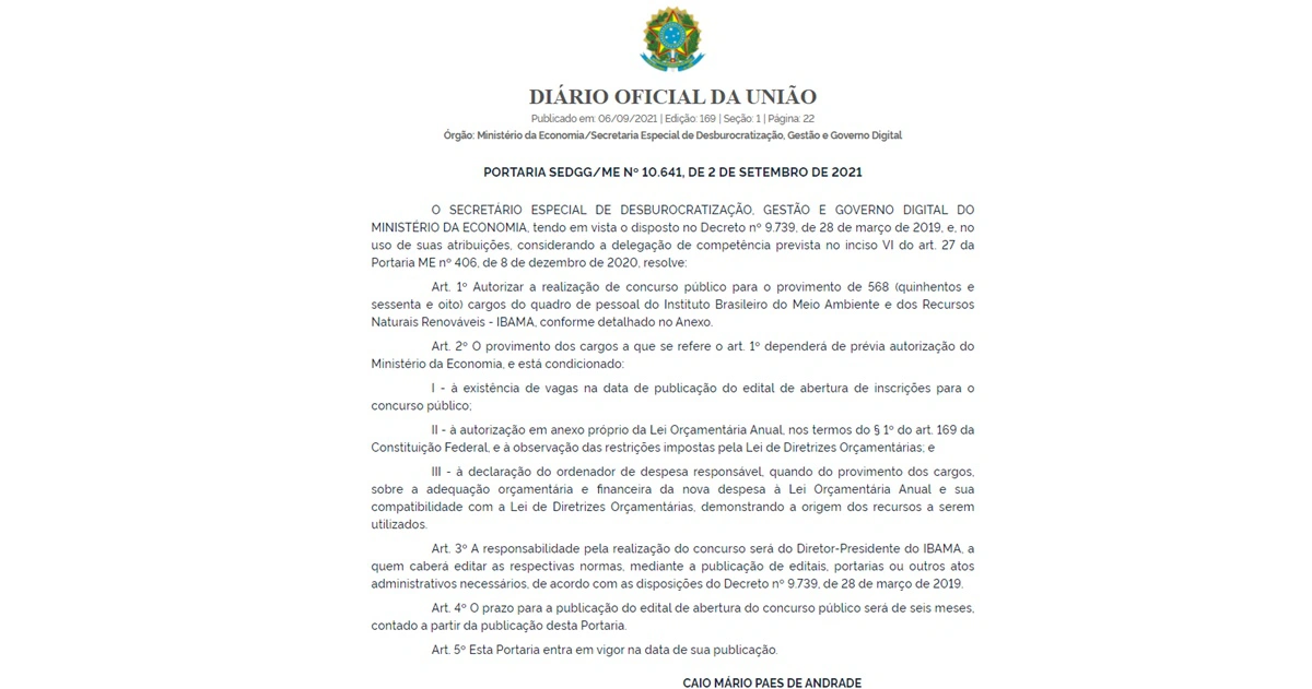 Governo Federal autoriza concurso com 568 vagas para o IBAMA