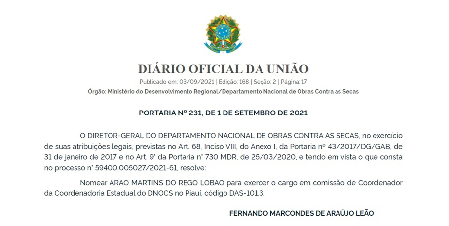 Nomeação de Arão Lobão no Diário Oficial