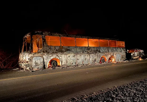 Ônibus pega fogo e fica destruído na BR 316 em Ipiranga do Piauí