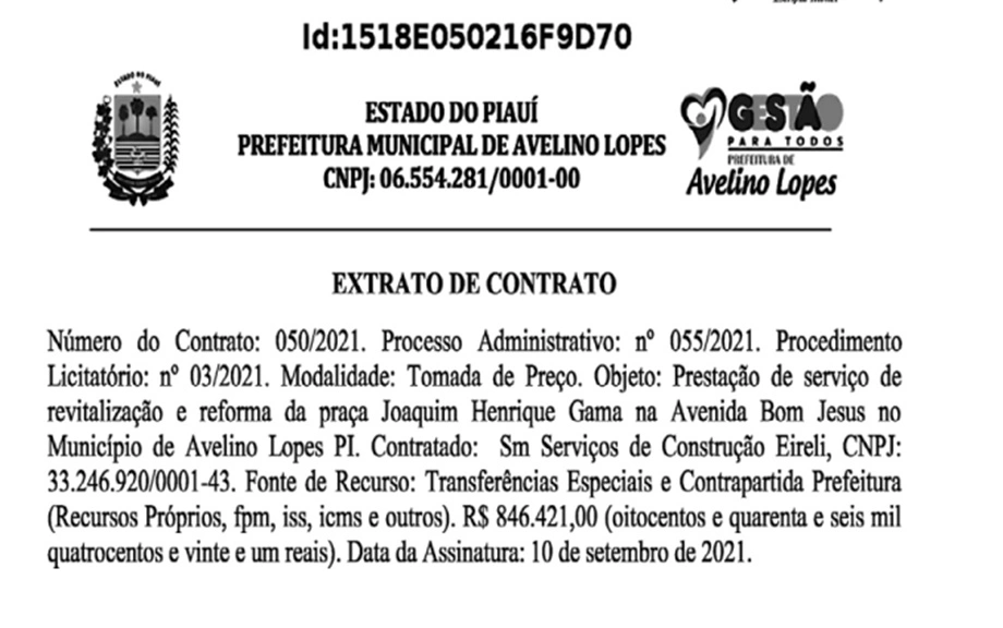 Prefeito de Avelino Lopes vai gastar R$ 846 mil com reforma de praça