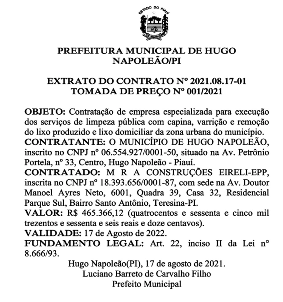 Prefeito de Hugo Napoleão vai gastar R$ 464 mil com serviço de capina