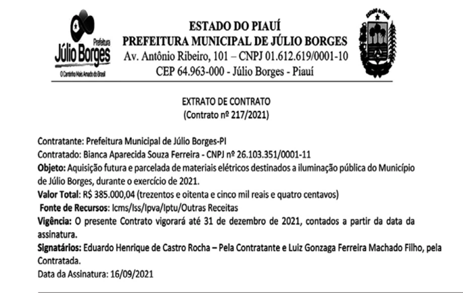 Prefeito de Júlio Borges contrata empresa da Bahia por R$ 385 mil