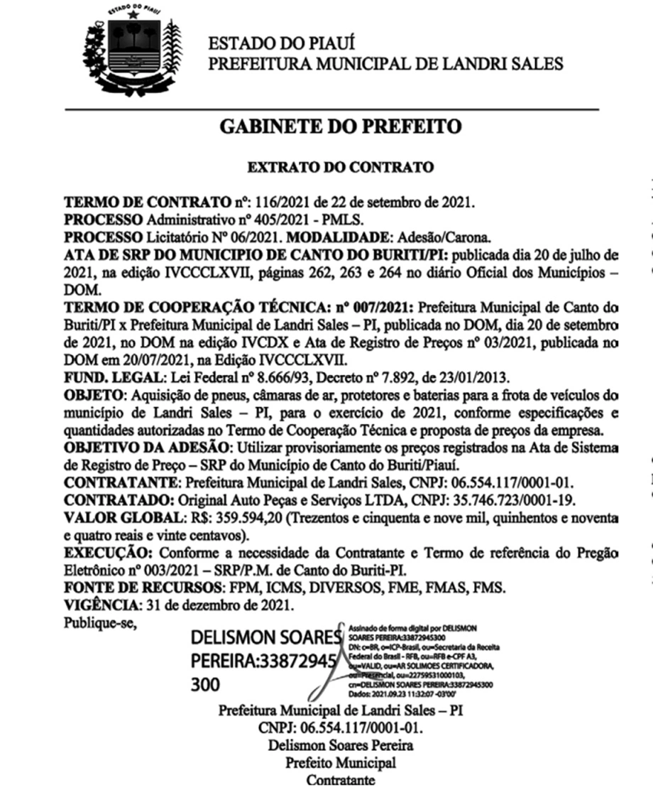 Prefeito de Landri Sales vai comprar R$ 359 mil em pneus