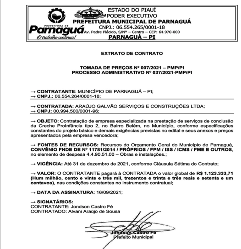 Prefeito de Parnaguá contrata empresa da Bahia por R$ 1,1 milhão