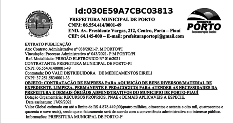 Prefeito de Porto contrata distribuidora por R$ 4,8 milhões