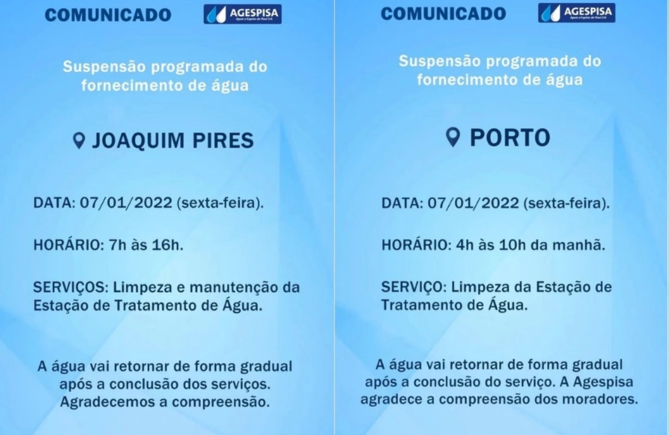 Comunicados da Agespisa sobre suspensão de água em Joaquim Pires e Porto