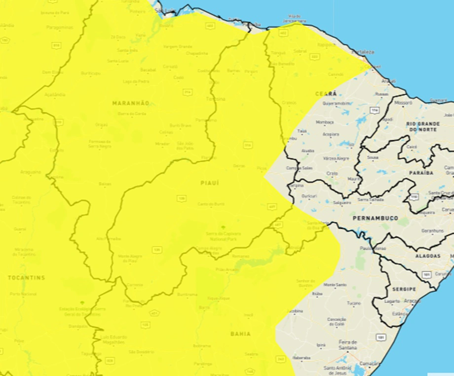 Inmet emite alerta amarelo de chuvas para todo o Piauí